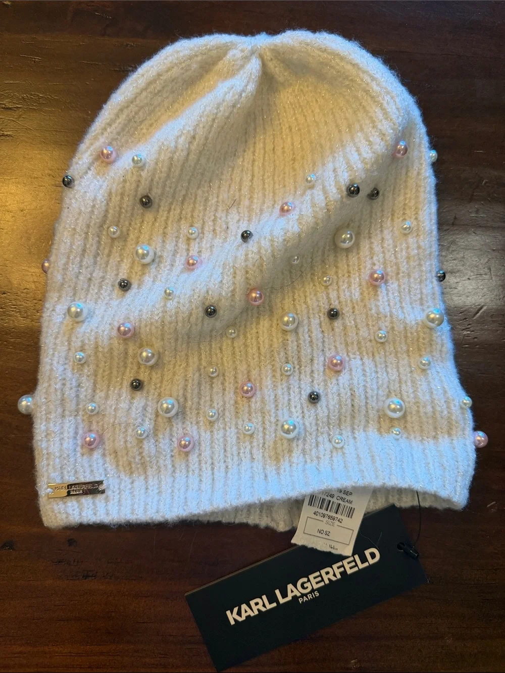 Karl Lagerfeld White Ribbed Beanie with Multicolor Pearl Embellishments